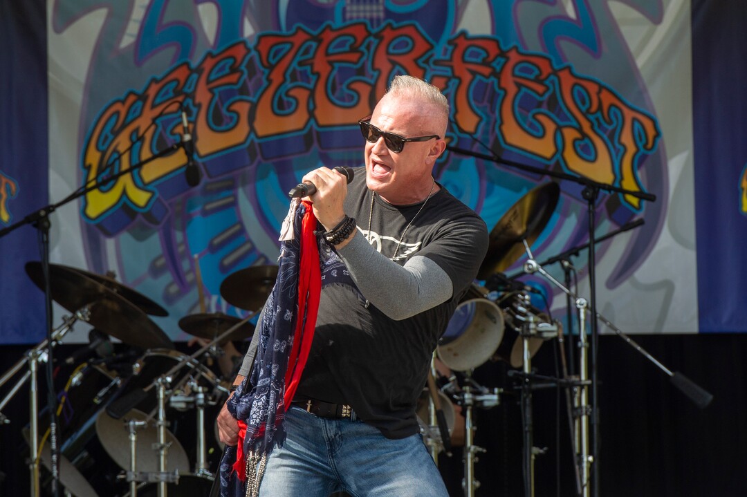 (Rick Egan  |  The Salt Lake Tribune)    Tracy Cowdell sings for the band Denovo, during the annual Geezerfest 2020 in Orem on Friday, Aug. 14, 2020.