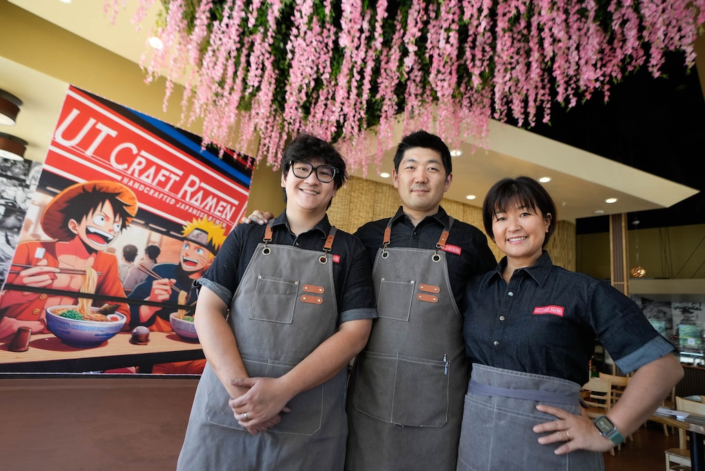 (Francisco Kjolseth  | The Salt Lake Tribune) UT Craft Ramen owners Dustin Pham and Ken and Aki Ota, from left, at their new restaurant in Sandy, Tuesday, July 7, 2025.