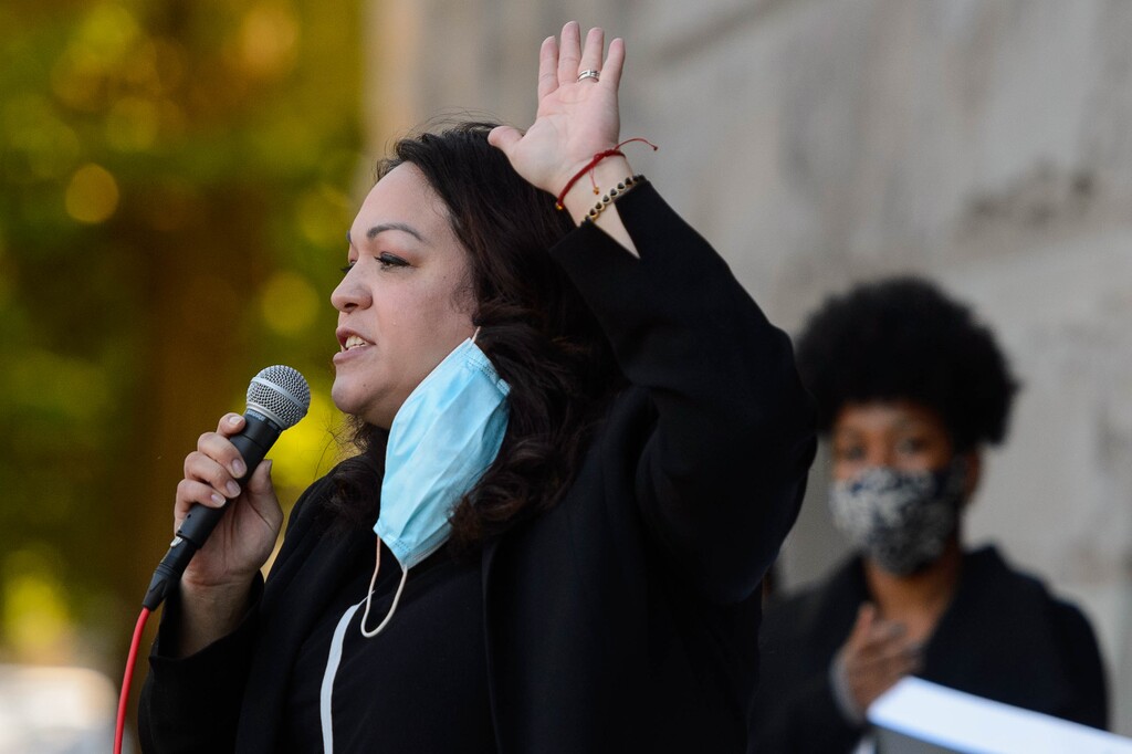 (Trent Nelson  |  The Salt Lake Tribune) Sen. Luz Escamilla, D-Salt Lake City, speaks at a Black Lives Matter protest at City Hall Salt Lake City on Wednesday, June 10, 2020.