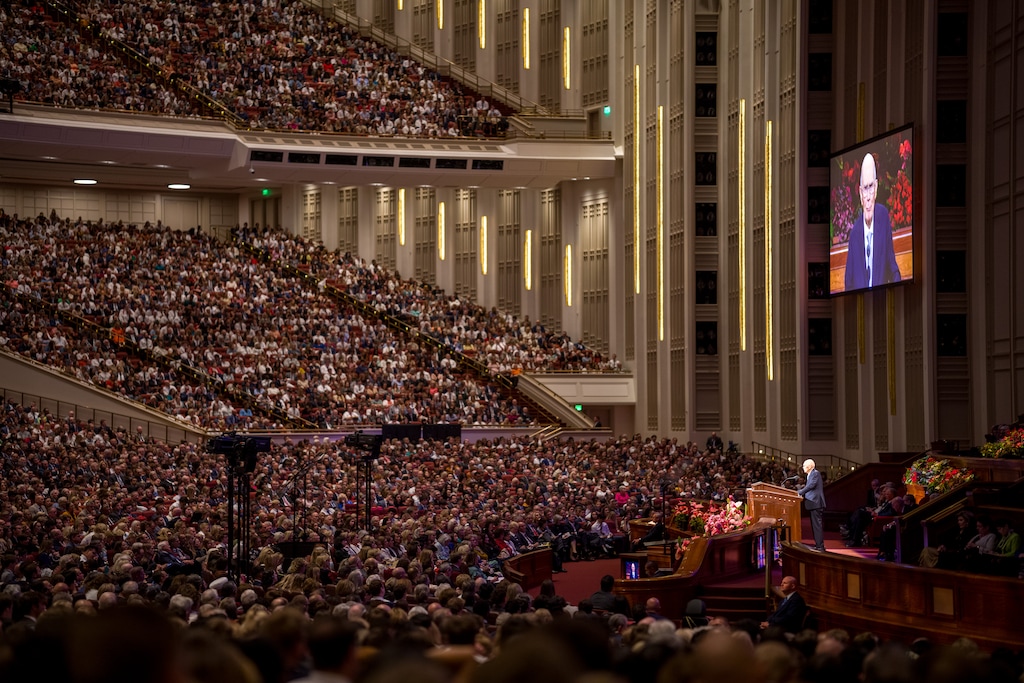 (Trent Nelson | The Salt Lake Tribune) Dallin H. Oaks, president of the Quorum of the Twelve Apostles, speaks during a session of General Conference of The Church of Jesus Christ of Latter-day Saints at the Conference Center in Salt Lake City, Sunday, Oct. 5, 2025.