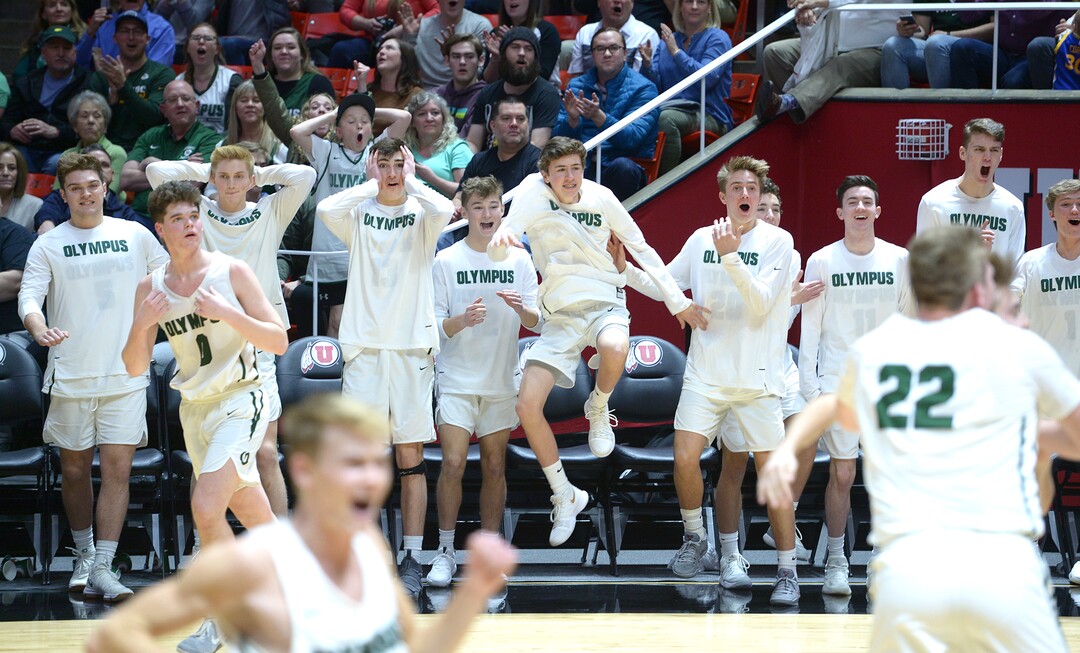 (Leah Hogsten  |  The Salt Lake Tribune) Olympus' bench react to Olympus' Rylan Jones (15) bucket. Olympus defeated Corner Canyon 76-49 to win the 5A High School BoysÕ Basketball Tournament Championship at the Jon M. Huntsman Center in Salt Lake City,  Saturday, March 3, 2018. 