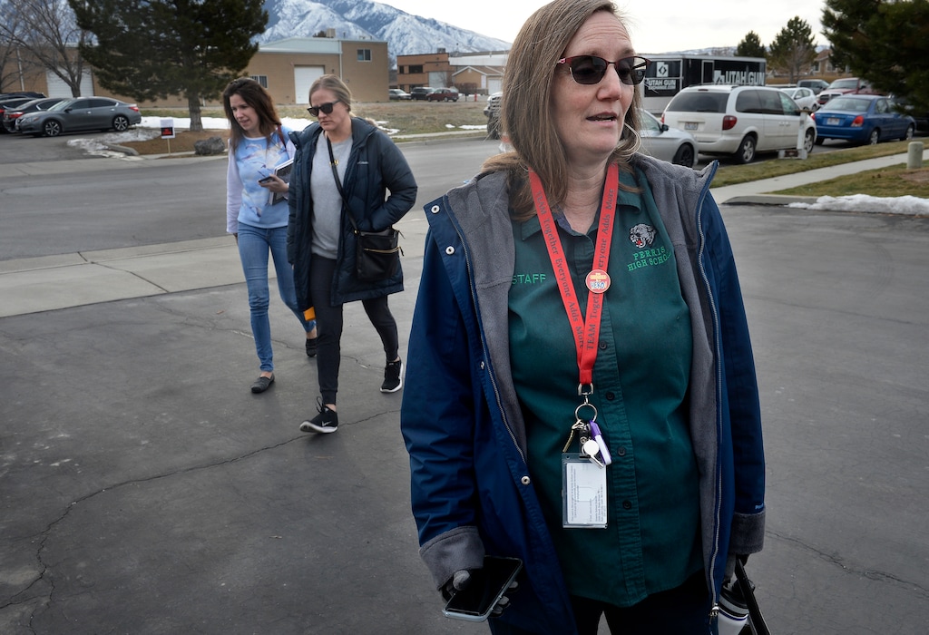 ( Scott Sommerdorf | The Salt Lake Tribune ) Preschool teacher Rebecca Gwaltney arrives with about 1,000 others to attend a free Saturday concealed carry gun class for Utah teachers and students.