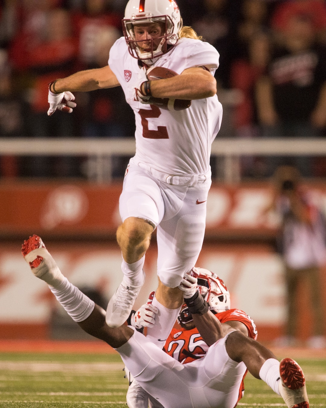 (Rick Egan  |  The Salt Lake Tribune)Utah Utes defensive back Casey Hughes (25) stops Stanford Cardinal wide receiver Trenton Irwin (2), in PAC-12 football action, Utah Utes vs. Stanford Cardinals, at Rice-Eccles Stadium, Saturday, October 7, 2017.
