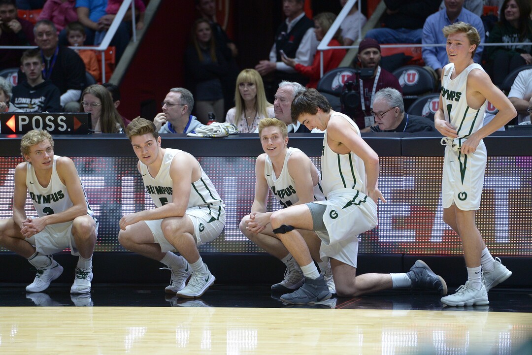 (Leah Hogsten  |  The Salt Lake Tribune) Olympus second unit players enter the game. Olympus defeated Corner Canyon 76-49 to win the 5A High School BoysÕ Basketball Tournament Championship at the Jon M. Huntsman Center in Salt Lake City,  Saturday, March 3, 2018. 