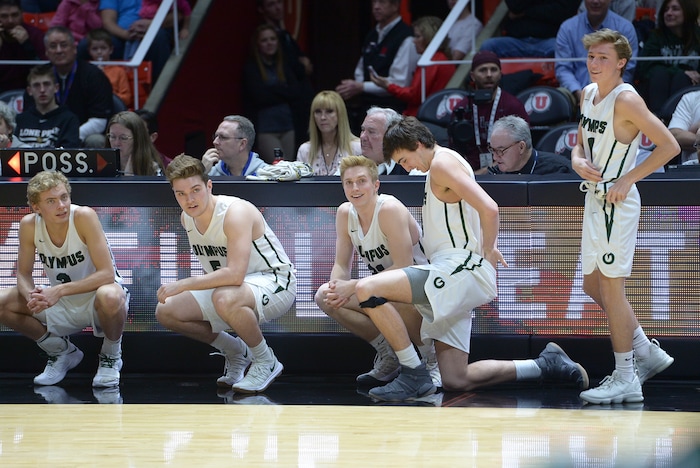 (Leah Hogsten | The Salt Lake Tribune) Olympus second unit players enter the game. Olympus defeated Corner Canyon 76-49 to win the 5A High School BoysÕ Basketball Tournament Championship at the Jon M. Huntsman Center in Salt Lake City, Saturday, March 3, 2018.