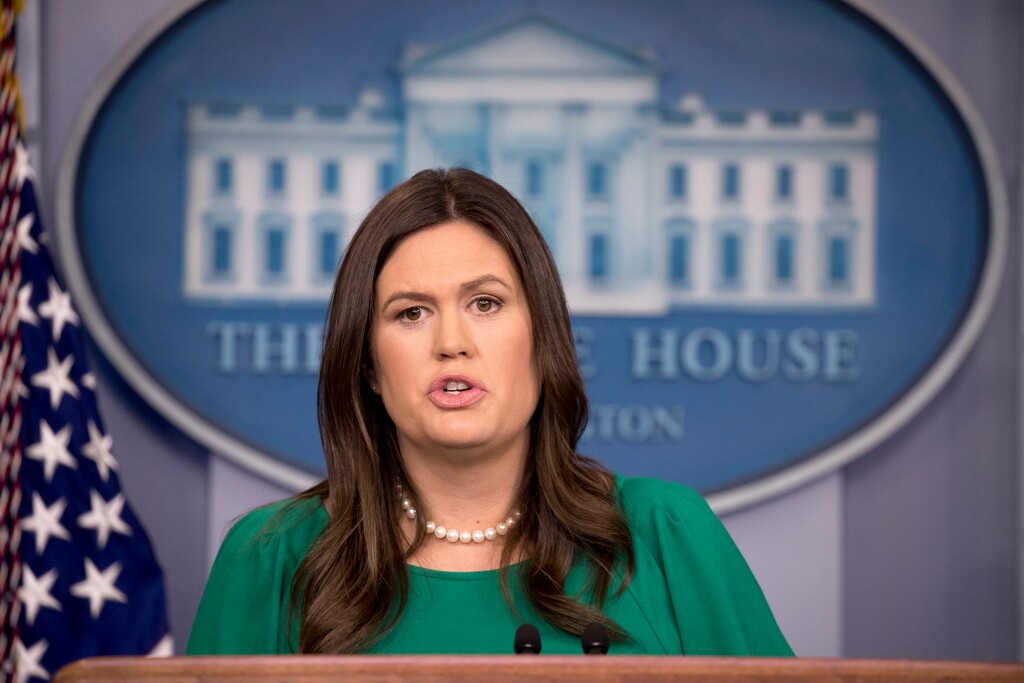White House press secretary Sarah Huckabee Sanders speaks to the media during the daily press briefing at the White House, Monday, Oct. 29, 2018, in Washington. Sanders gave a statement on the shooting at a Pittsburgh synagogue and took questions. (AP Photo/Andrew Harnik)