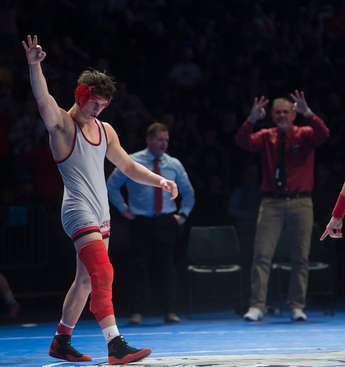 (Rick Egan  |  The Salt Lake Tribune)  Kaygen Canfield (Bear River) celebrates his victory over Brayden Guthrie (Mountain Crest) in the 152 weight class, in the 4A State Wrestling Championship at UVU in Orem, Saturday, February 10, 2018.
