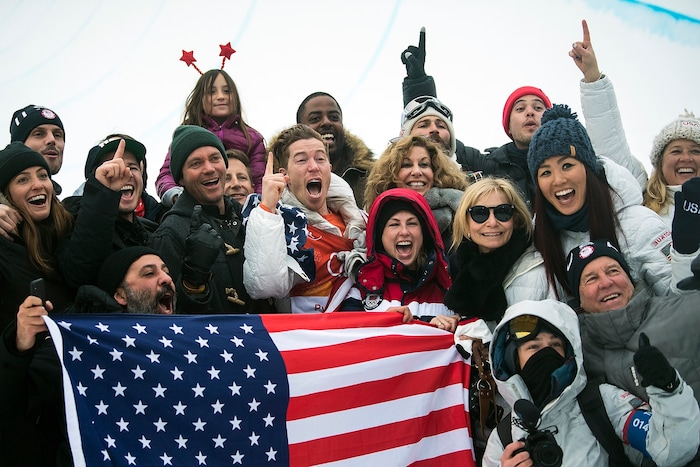 (Chris Detrick  |  The Salt Lake Tribune)  Shaun White celebrates winning gold with his family and friends after his run during the men's halfpipe finals at Phoenix Snow Park during the Pyeongchang 2018 Winter Olympics Wednesday, Feb. 14, 2018.  White won the event with a 97.75, his third Olympic gold medal in the halfpipe (2006, 2010, 2018).