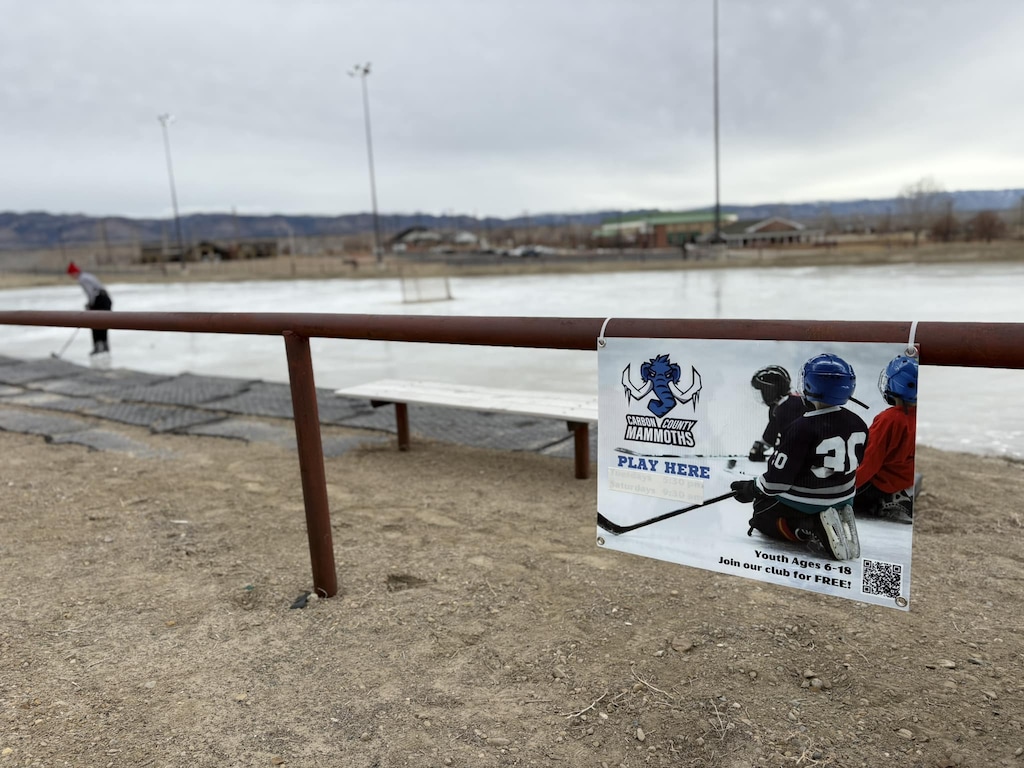 (Megan Marshall | Carbon County Mammoths) The Carbon County Mammoth sign hangs outside of the local pond the program skates on.