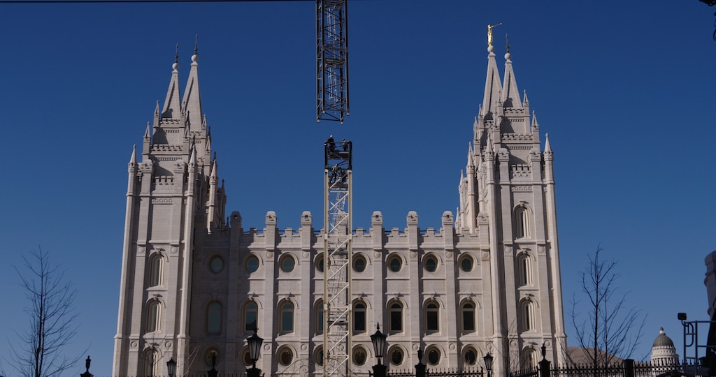 (The Church of Jesus Christ of Latter-day Saints) The south tower crane is dismantled on the Salt Lake Temple construction site on Wednesday, March 18, 2026. The temple is now free of scaffolding.