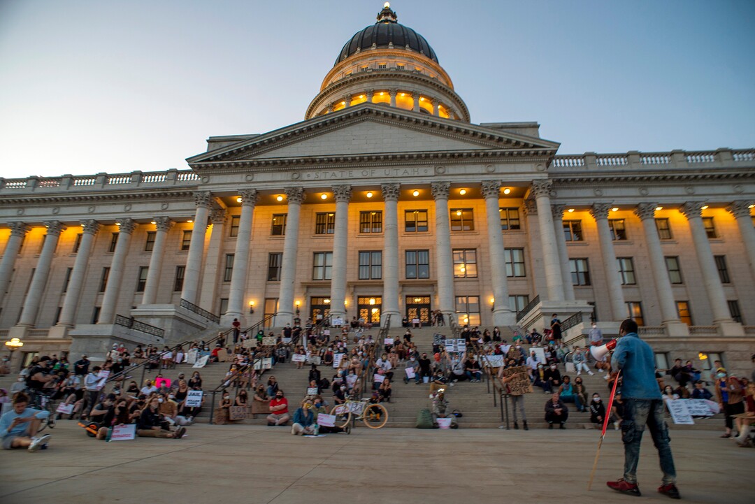 (Rick Egan  |  The Salt Lake Tribune)     Protesters listen to speakers as they sit on the stairs of the State Capitol on Wednesday, June 10, 2020.