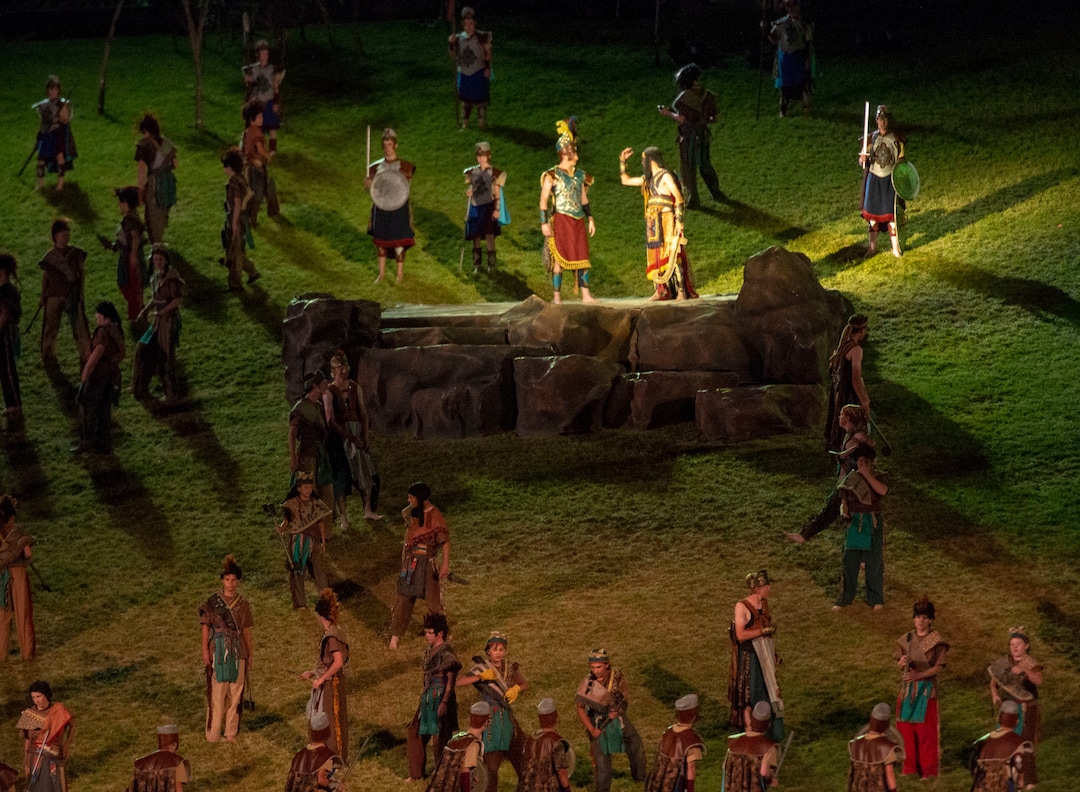 (Rick Egan  |  The Salt Lake Tribune)    Captain Moroni faces Zerahemnah in Mormon Miracle Pageant Wednesday, June 12, 2019.  The final run for the pageant continues through Saturday, June 22.