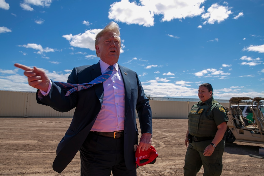 (Jacquelyn Martin | AP file photo) In this April 5 photo, President Donald Trump speaks as he visits a new section of the border wall with Mexico in Calexico, Calif.