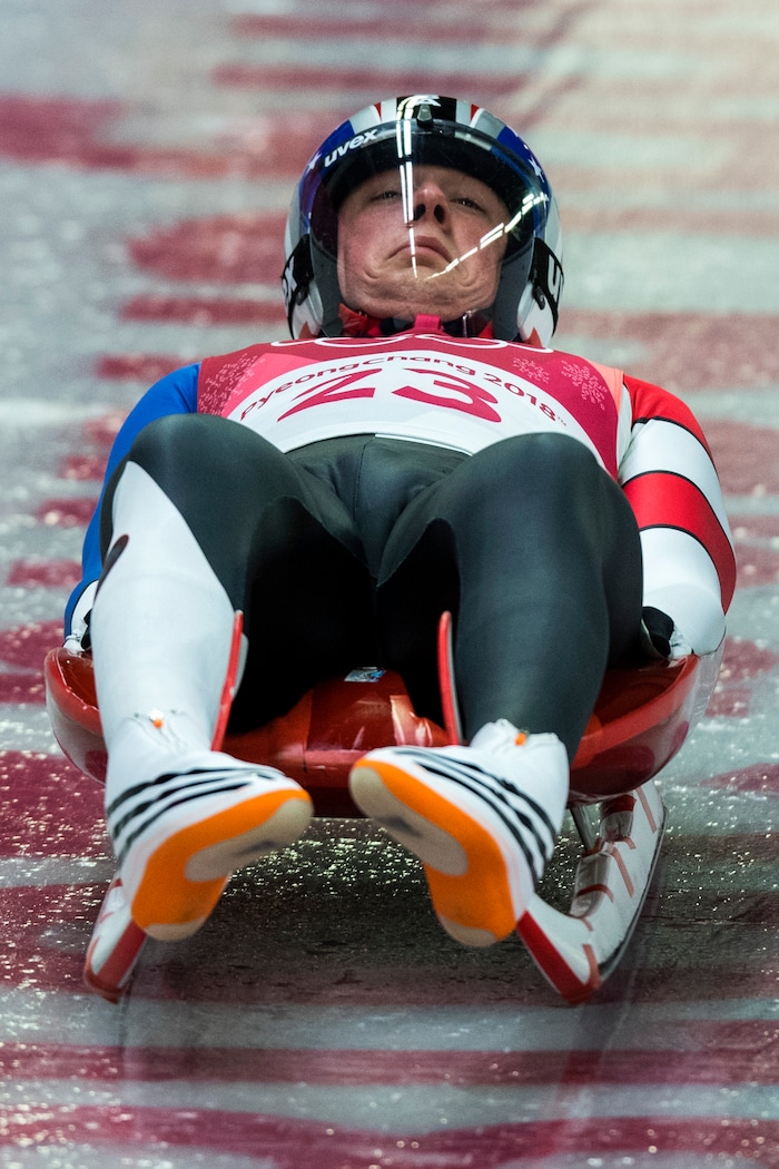 (Chris Detrick | The Salt Lake Tribune) South Jordan's Taylor Morris competes in the Men's Singles luge at the Olympic Sliding Centre during the Pyeongchang 2018 Winter Olympics Saturday, February 10, 2018. Morris finished this run in 15th place with a time of 48.072.