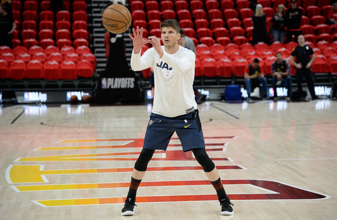 (Francisco Kjolseth  |  The Salt Lake Tribune)  Utah Jazz guard Kyle Korver (26) warms up before Game 3 of a first-round NBA basketball playoff series against the Rockets in Salt Lake City, Saturday, April 20, 2019.