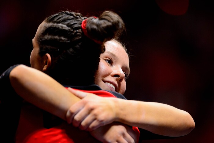 (Trent Nelson  |  The Salt Lake Tribune) Maile O'keefe on the floor as the University of Utah hosts Arizona State, NCAA gymnastics in Salt Lake City on Friday, Jan. 24, 2020.