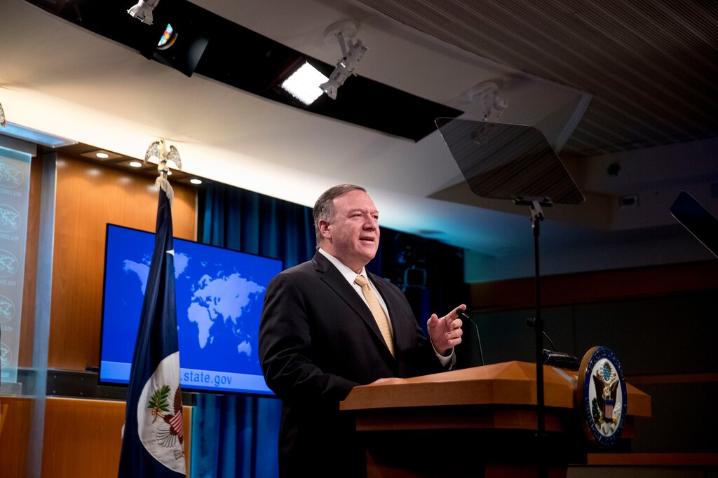 (Andrew Harnik | AP) Secretary of State Mike Pompeo speaks at a news conference at the State Department in Washington, Monday, Nov. 18, 2019. Pompeo spoke about Iran, Iraq, Israeli settlements in the West Bank, protests in Hong Kong, and Bolivia, among other topics.