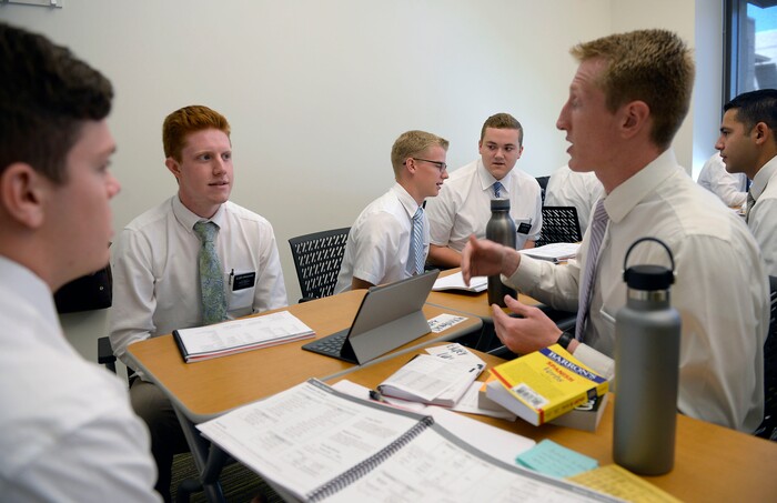Al Hartmann  |  The Salt Lake TribuneMissionaries practice their conversatiional Spanish in a small group classrrom in the new building at the Missionary Training Center in Provo Wednesday July 26. 