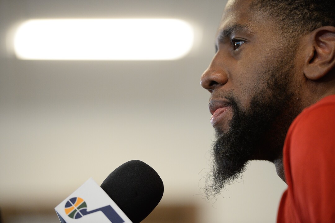 (Francisco Kjolseth  |  The Salt Lake Tribune)  Utah Jazz      forward Royce O'Neale speaks with the media during exit interviews at their practice facility in Salt Lake City Wed., May 8, 2018, after losing to the Houston Rockets in game 5 of their Western Conference Semifinals during the 2018 NBA Playoffs.