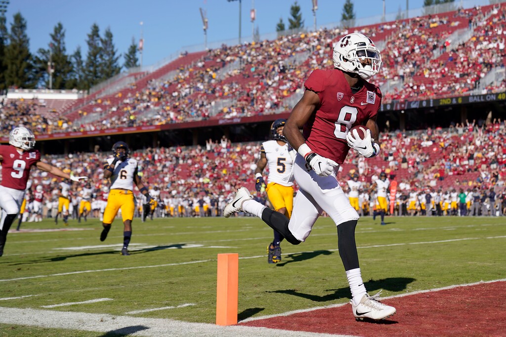 Stanford wide receiver Donald Stewart (8) scores a touchdown against California during the first half of an NCAA college football game Saturday, Nov. 23, 2019 in Stanford, Calif. (AP Photo/Tony Avelar)