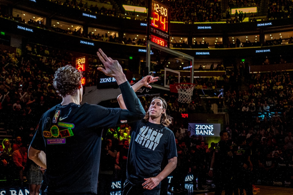 (Trent Nelson  |  The Salt Lake Tribune) Utah Jazz forward Kelly Olynyk (41) and Utah Jazz forward Lauri Markkanen (23) as the Utah Jazz host the San Antonio Spurs, NBA basketball in Salt Lake City on Saturday, Feb. 25, 2023.