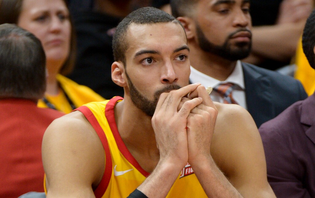 (Leah Hogsten  |  The Salt Lake Tribune)  Utah Jazz center Rudy Gobert (27) reacts to the loss. The Houston Rockets defeated the Utah Jazz 113-92 in Game 3 of an NBA basketball second-round playoff series Friday, May 4, 2018 in Salt Lake City.