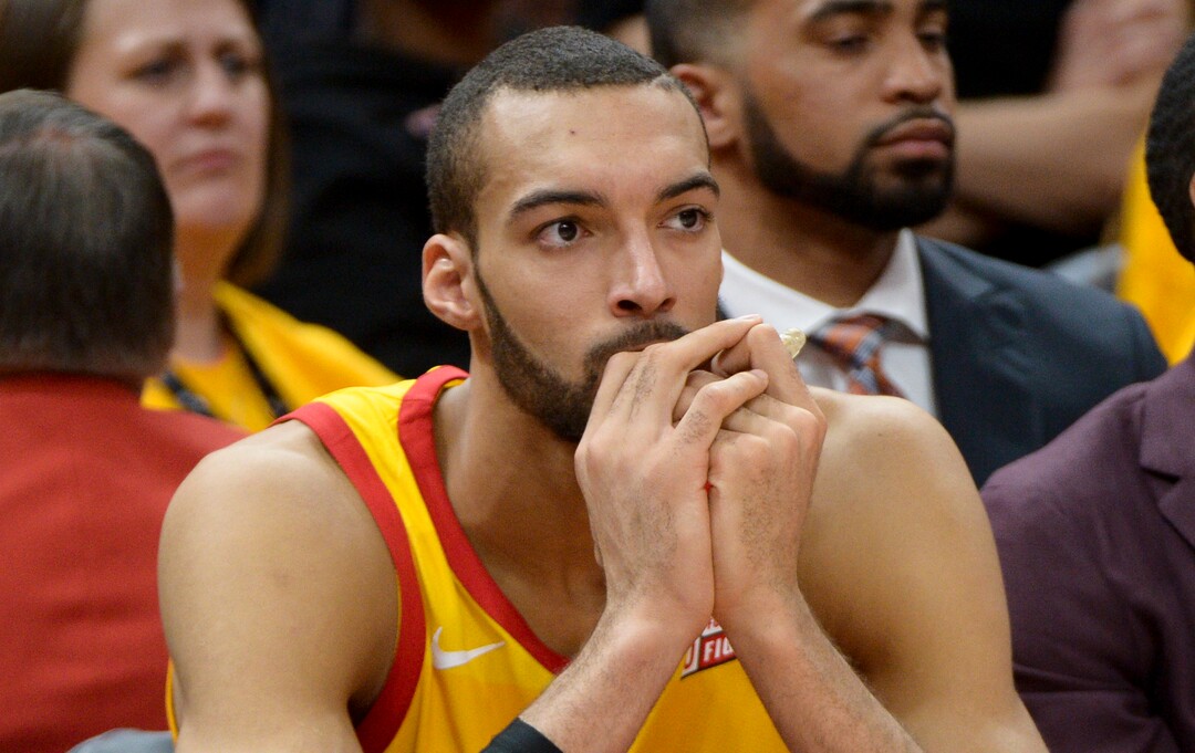 (Leah Hogsten  |  The Salt Lake Tribune)  Utah Jazz center Rudy Gobert (27) reacts to the loss. The Houston Rockets defeated the Utah Jazz 113-92 in Game 3 of an NBA basketball second-round playoff series Friday, May 4, 2018 in Salt Lake City.