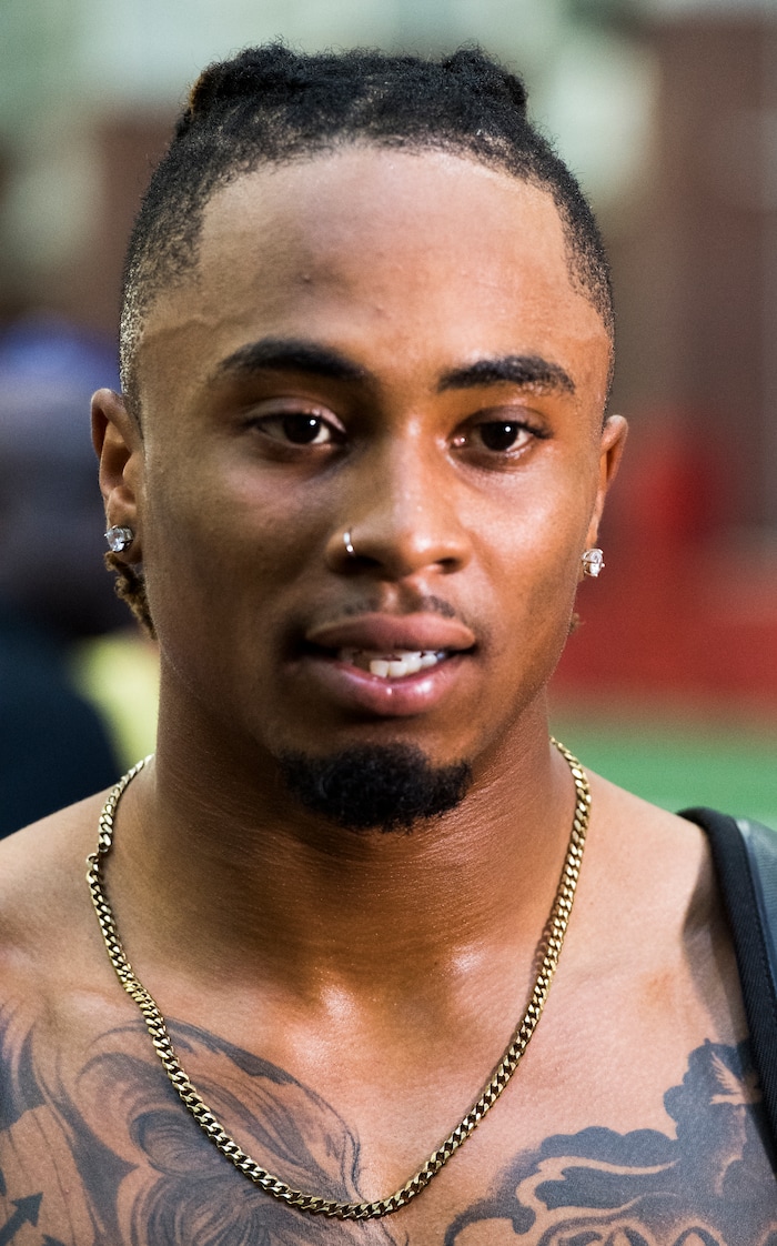 (Rick Egan  |  The Salt Lake Tribune)      Darren Carrington II, talks to the media after University of Utah's 2018 Pro Day for NFL scouts, at Spence Eccles Field House, Wednesday, March 28, 2018.