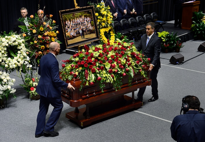 Scott Sommerdorf | The Salt Lake Tribune
The casket holding Jon Huntsman Sr., is brought into the arena at the funeral services for Jon M. Huntsman, Sr., Saturday, February, 10, 2018. 
