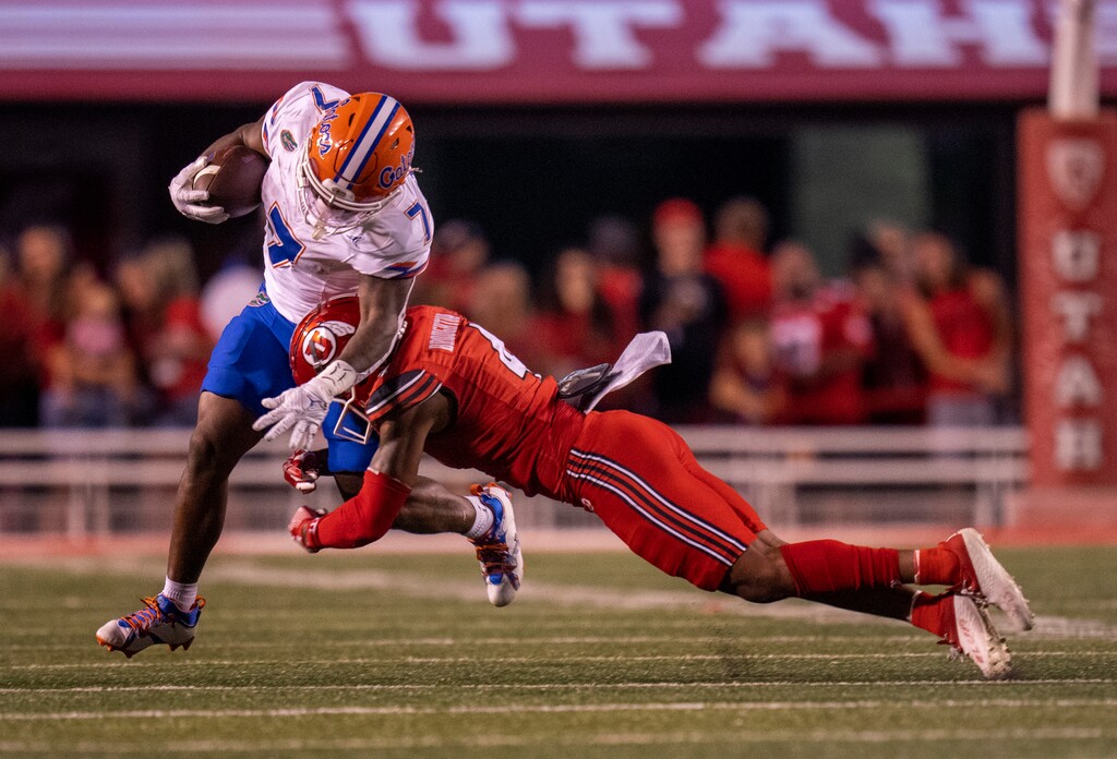 (Rick Egan | The Salt Lake Tribune) Utah Utes cornerback JaTravis Broughton (4) makes a tackle against the Florida Gators, at Rice-Eccles Stadium, on Thursday, Aug. 31, 2023. Broughton at out last week's game against Weber State.