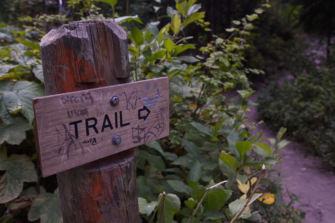 (Francisco Kjolseth  |  The Salt Lake Tribune)  Graffiti  is apparent on most signs along the popular Donut Falls trail on Friday, Aug. 31, 2018, in Big Cottonwood Canyon which draws regular crowds.