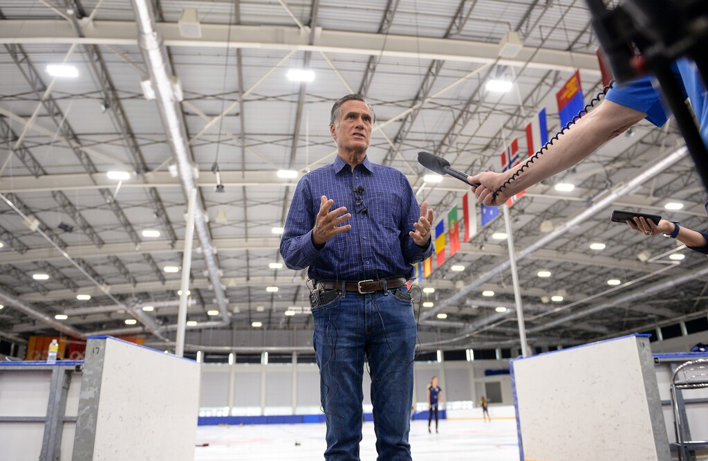 (Chris Samuels | The Salt Lake Tribune) Sen. Mitt Romney speaks to media during a visit to the Utah Olympic Oval in Kearns, Friday, May 27, 2022.