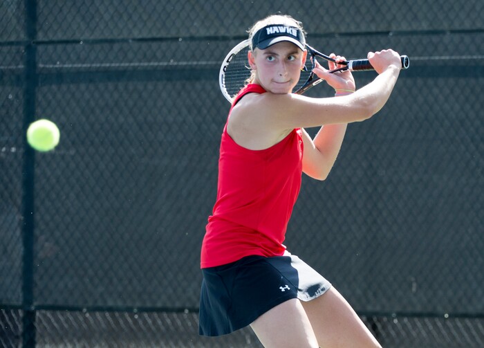 (Rick Egan  |  The Salt Lake Tribune)   Emily Astle, Alta, plays Emma Jewell, Olympus, 	in the 5A State High School tennis championship game. Friday, October 6, 2017.