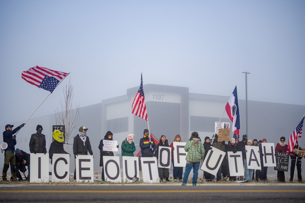 (Trent Nelson  |  The Salt Lake Tribune) A protest at a warehouse rumored to be under consideration for a future ICE facility in Salt Lake City on Friday, Jan. 16, 2026.