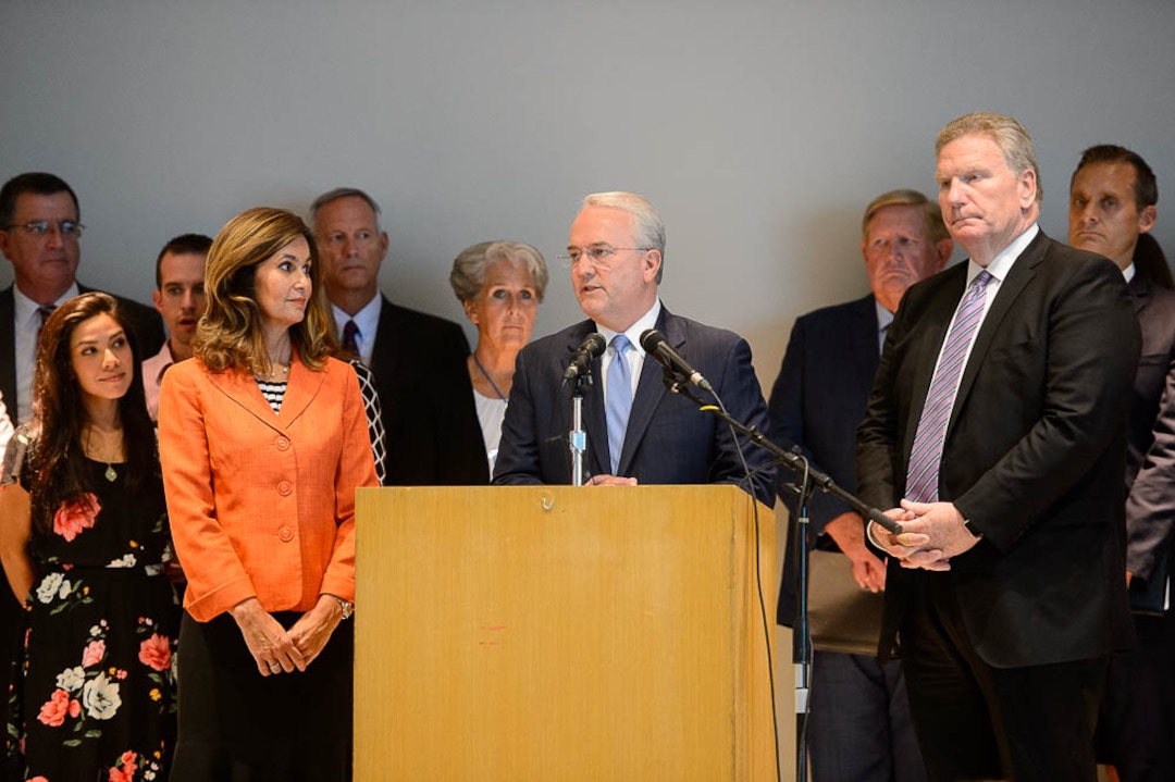 (Trent Nelson | The Salt Lake Tribune)  Jack Gerard of the LDS Church, with Lisa Harkness and Craig Christensen, announces the church's opposition to Utah's medical marijuana initiative at a news conference in Salt Lake City, Thursday Aug. 23, 2018.