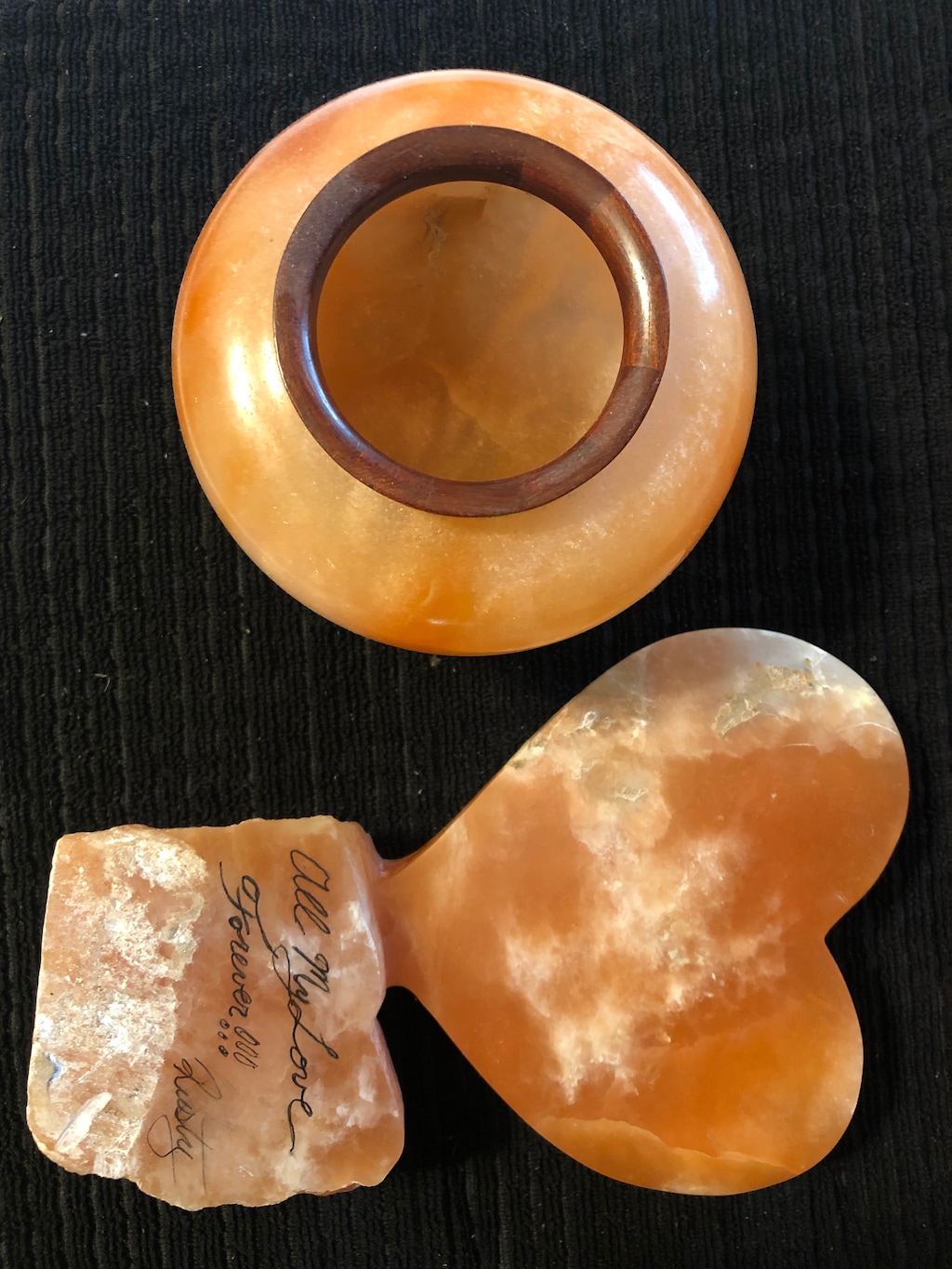 (Photo courtesy of Rusty Galetka)  Alabaster mined in southern Utah is famous for its translucent qualities and orange hues. Sculptors carve the soft stone into decorative pieces like these by Utah artist Rusty Galetka.