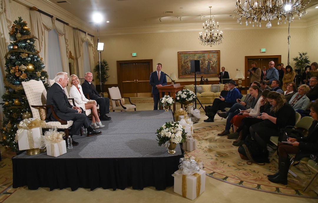 (Francisco Kjolseth  |  The Salt Lake Tribune)  Kristin Chenoweth, the guest artists and narrator at The Tabernacle Choir's annual Christmas concert this year appears alongside President of the choir Ron Jarrett, left, and music director Mack Wilberg during a press conference at the Relief Society Building on Wed. Dec. 12, 2018.