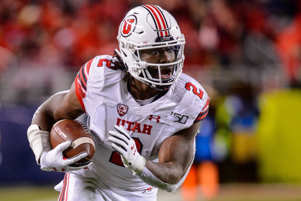 (Trent Nelson  |  The Salt Lake Tribune)Utah Utes running back Zack Moss (2) runs for a touchdown as Utah faces Oregon in the Pac-12 football championship game in Santa Clara, Calif., on Friday Dec. 6, 2019.