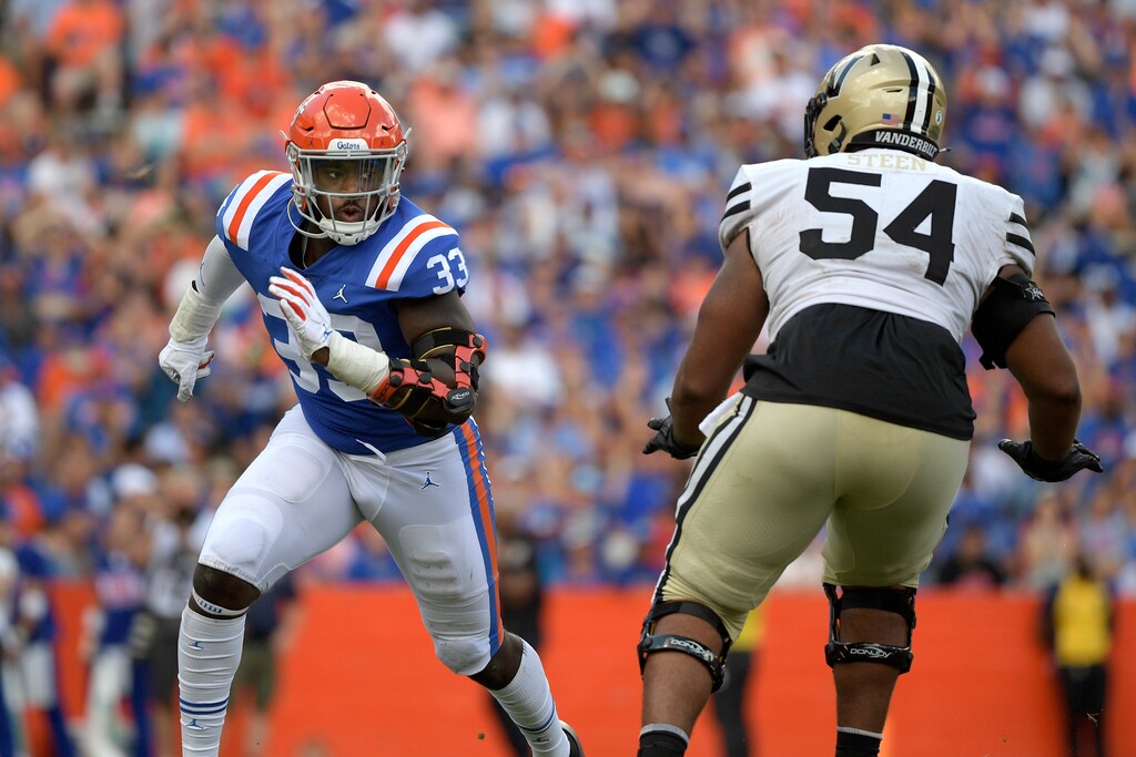 (Phelan M. Ebenhack | AP) Florida defensive lineman Princely Umanmielen (33) works against Vanderbilt offensive lineman Tyler Steen (54) during the second half of an NCAA college football game, Oct. 9, 2021, in Gainesville, Fla.