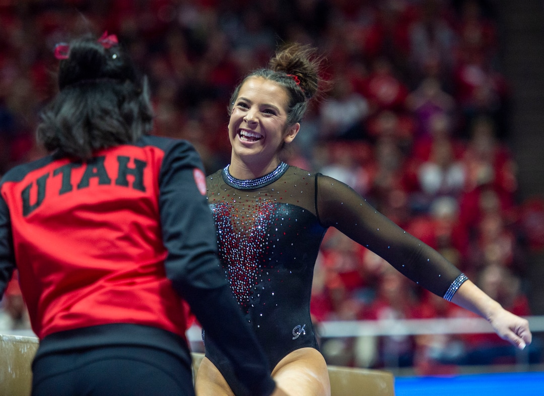(Rick Egan  |  The Salt Lake Tribune)  THe Alexia Burch celebrates her performance on the balance beam, in PAC-12 gymnastics action between the UCLA Bruins and the University of Utah, at the Jon M. Huntsman Center, Saturday, Feb. 23, 2019.