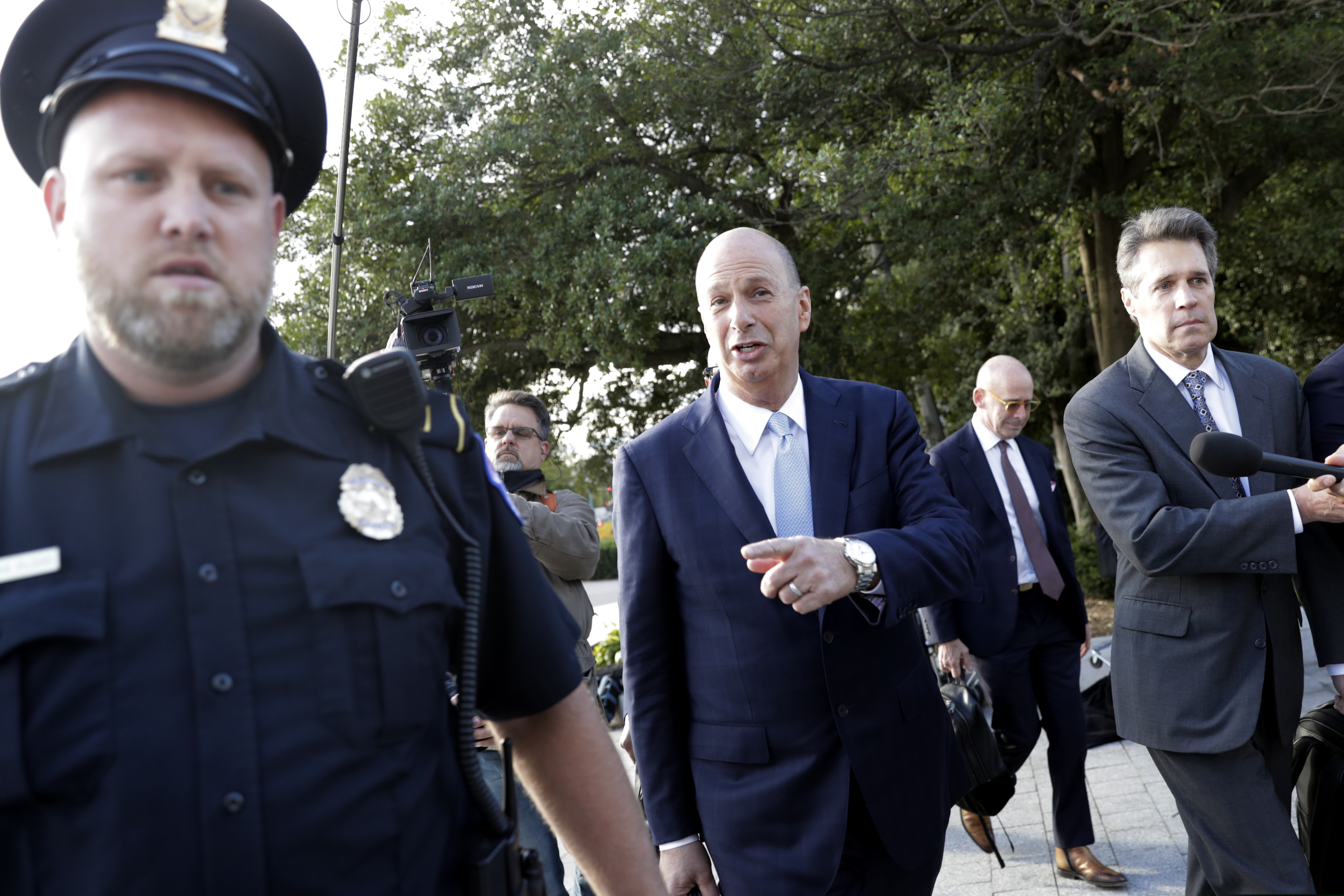 (Pablo Martinez Monsivais | AP) US Ambassador to the European Union Gordon Sondland, center, arrives for a joint interview with the House Committee on Foreign Affairs, House Permanent Select Committee on Intelligence, and House Committee on Oversight and Reform on Capitol Hill in Washington, Thursday, Oct. 17, 2019.