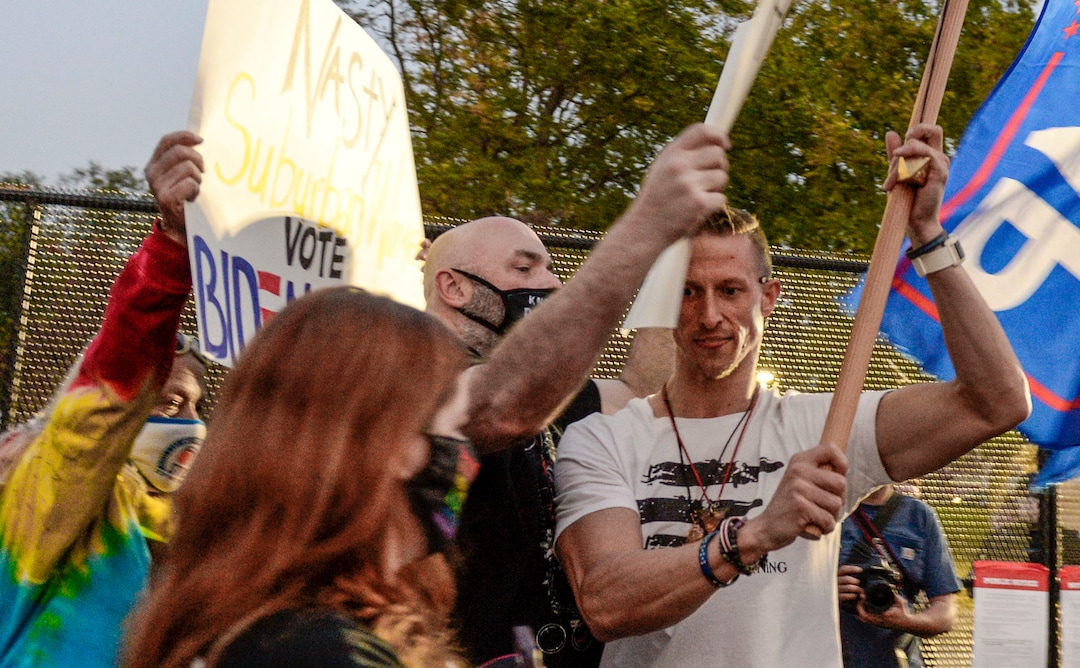 (Leah Hogsten  |  The Salt Lake Tribune) Protesters clash at the University of Utah as Vice President Mike Pence and Sen. Kamala Harris face off in their one and only debate at Kingsbury Hall, Oct. 7, 2020.