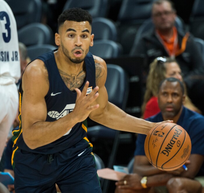 (Rick Egan  |  The Salt Lake Tribune)      Utah guard Naz Mitrou-Long (30) brings the ball down for the Jazz, in Utah Jazz summer league action between Utah Jazz and Memphis Grizzlies in Salt Lake City, Tuesday, July 3, 2018.