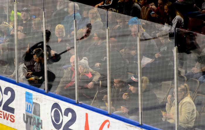 (Steve Griffin  |  The Salt Lake Tribune) Fans sit close to the boards as the Utah Grizzlies battle the Idaho Steelheads at the Maverik Center in West Valley City Monday Feb. 19, 2018.