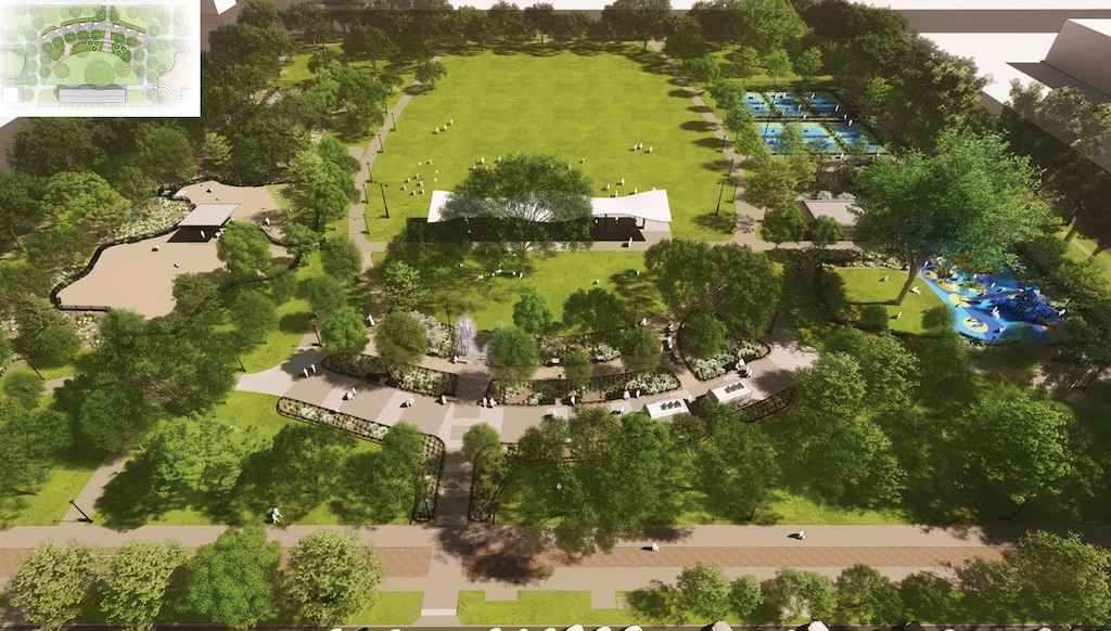 (Salt Lake City) An aerial rendering looking south on Salt Lake City's Pioneer Park. The city launched nearly $20 million in upgrades to the downtown park on Friday.