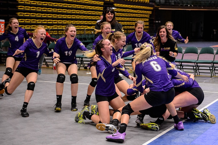 (Trent Nelson | The Salt Lake Tribune) North Summit players celebrate after defeating Enterprise in the 2A State Volleyball Championship game in Orem, Saturday October 28, 2017.
