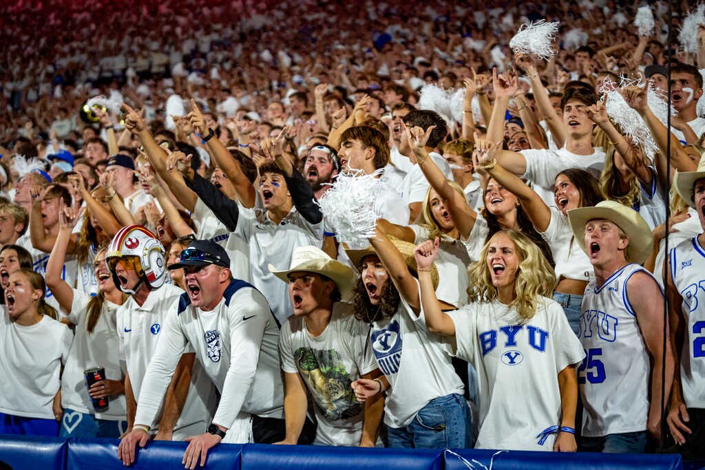 (Rick Egan | The Salt Lake Tribune) Brigham Young Cougars fans cheer in football action between the Brigham Young Cougars and the Stanford Cardinal, at Lavell Edwards Stadium on Saturday Sept. 6, 2025.