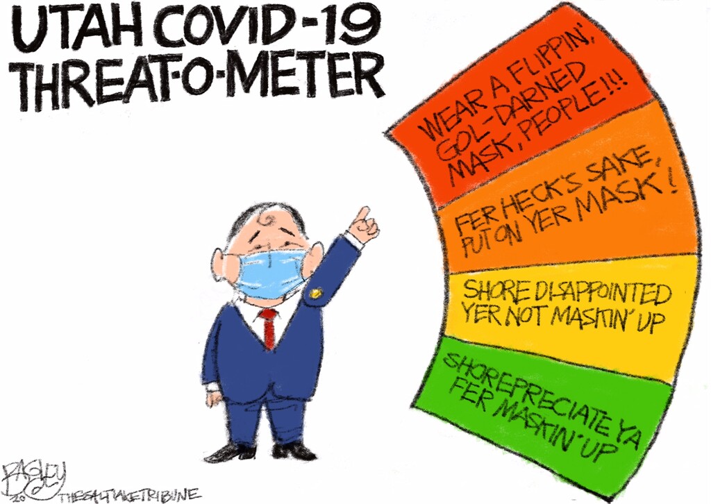 (Pat Bagley | The Salt Lake Tribune)  This cartoon, titled "Fer Heck's Sake," appears in The Salt Lake Tribune on Tuesday, Nov. 10, 2020.