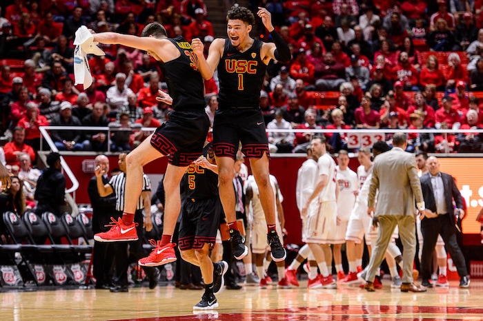 (Trent Nelson | The Salt Lake Tribune)  USC Trojans forward Nick Rakocevic (31) and USC Trojans guard Jordan Usher (1) celebrate a 16-point lead as the University of Utah hosts USC, NCAA basketball at the Huntsman Center in Salt Lake City, Saturday Feb. 24, 2018.
