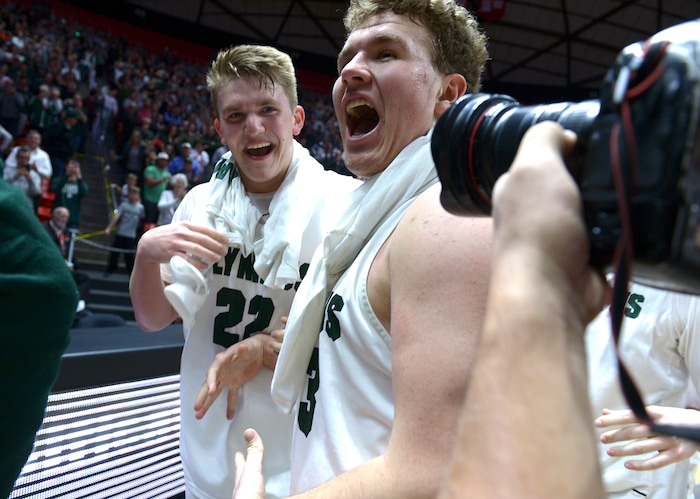 (Leah Hogsten | The Salt Lake Tribune) Olympus defeated Corner Canyon 76-49 to win the 5A High School Boys’ Basketball Tournament Championship at the Jon M. Huntsman Center in Salt Lake City, Saturday, March 3, 2018.